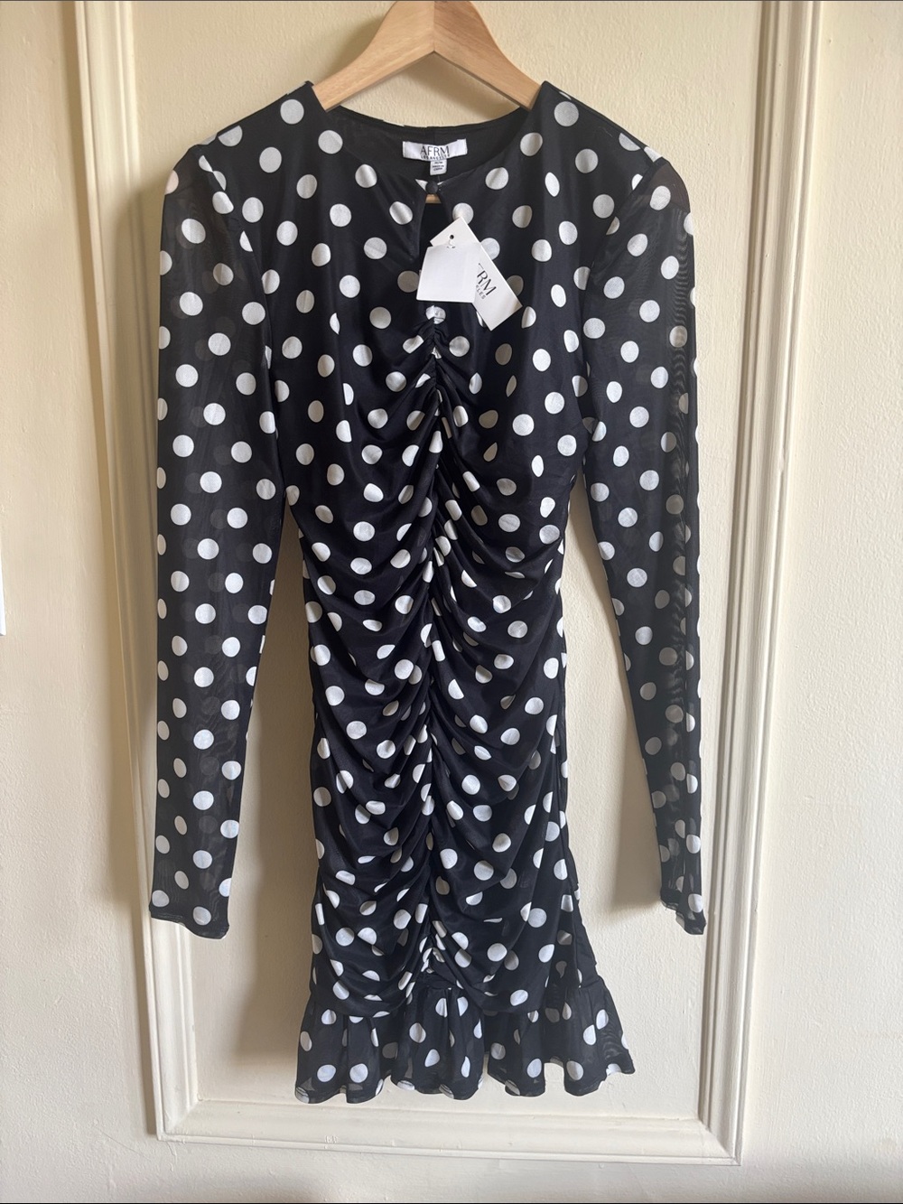 AFRM Black and White Polka Dot Ruched Long Sleeve Dress